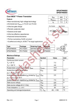 SPU07N60S5 datasheet  